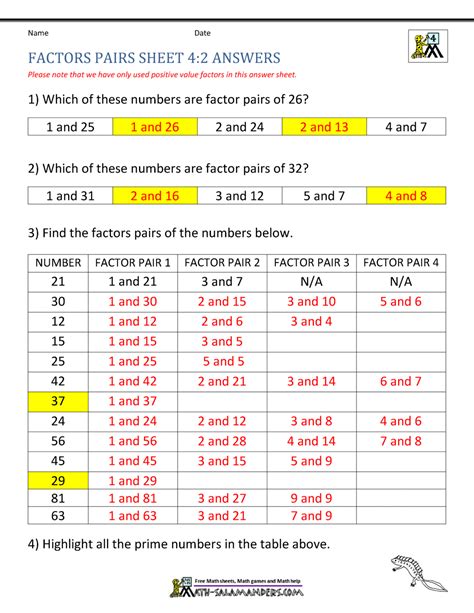Factor Chart Printable