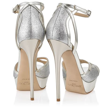 lyst jimmy choo laurita 115 silver mirror leather and fine glitter platform sandals in metallic