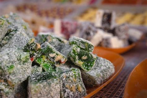 Different Types Assorted Tasty Oriental Sweets Turkish Delight Lokum With Powdered Sugar Stock
