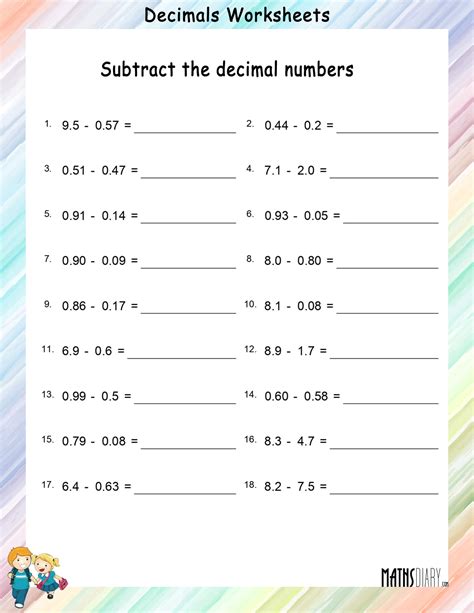 Subtraction Of Decimal Numbers Math Worksheets