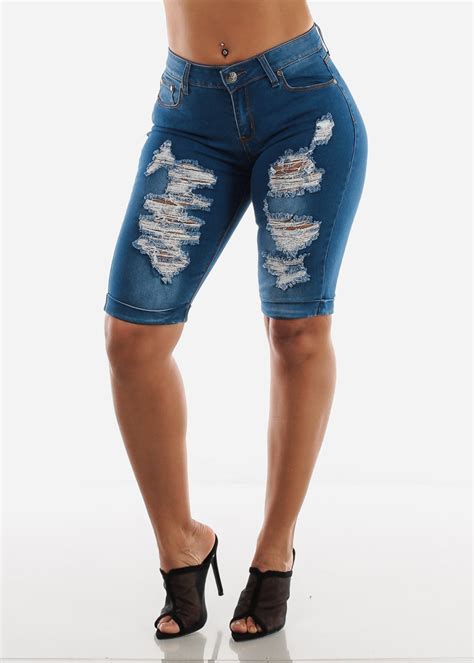 Modaxpressonline Womens Mid Rise Jean Med Blue Wash Denim Bermuda Shorts 10978j
