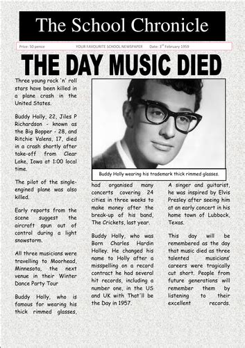Buddy Holly The Day Music Died Newspaper Comprehension Text Teaching Resources