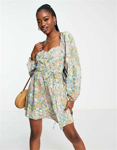 Asos Design Floral Print Beach Detail Dress Floral In Maxi Milkmaid Print Ruched