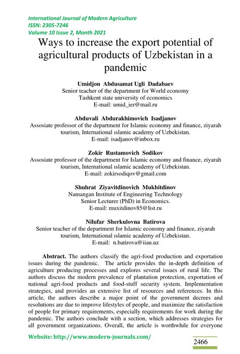 Pdf Ways To Increase The Export Potential Of Agricultural Products Of Uzbekistan In A Pandemic