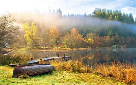 Nature Landscape Sky Clouds Lake Water Boats Trees Autumn Fog