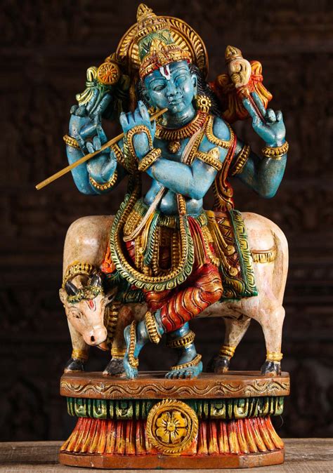 Sold Wood Gopal Krishna Playing Flute With Cow 24 96w1dd Hindu