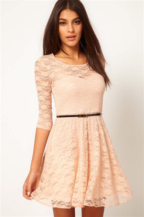 Sexy Peach Colored Mini Dress With 34 Sleeves And Lace Overlay
