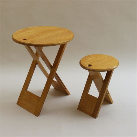 Vintage Folding Wooden Stool And Table In The Style Of Suzy Stool By
