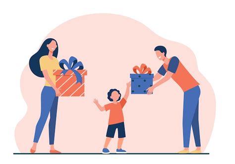 Free Vector Happy Parents Giving Gifts To Son Boy Receiving Birthday