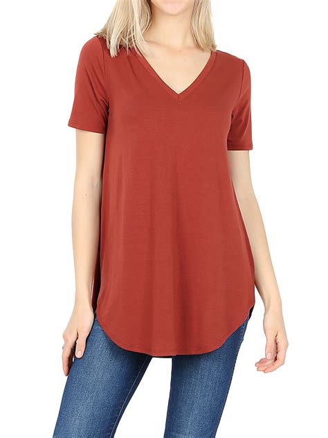 Thelovely Women Short Sleeve V Neck Round Hem Relaxed Fit Casual Tee