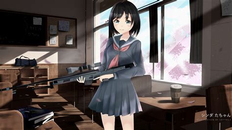 Anime Girl With Gun In School Wallpaperhd Anime Wallpapers4k