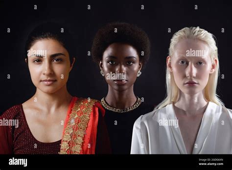 Caucasian Woman African American Woman And Indian Women Portrait On Black Background Multiple