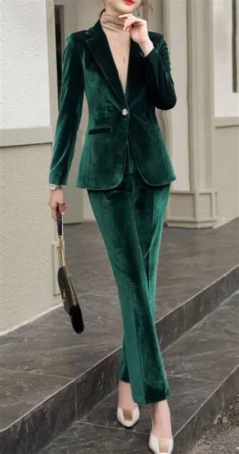 Green Velvet Suit For Womentwo Piece Suittopwomens Etsy