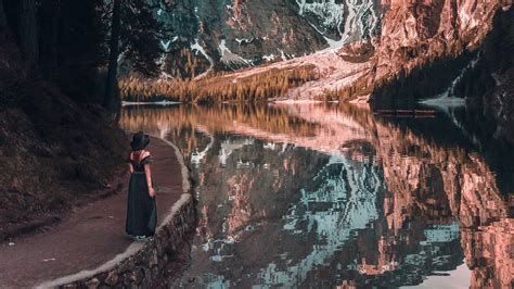 Girl Mountains The Lake Trees Reflection Landscape Picture
