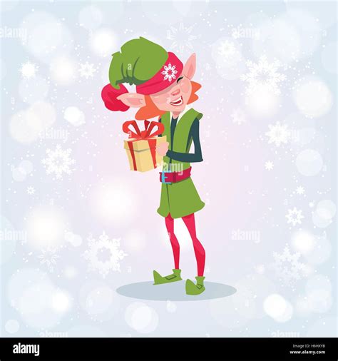christmas elf girl cartoon character santa helper hold present box flat