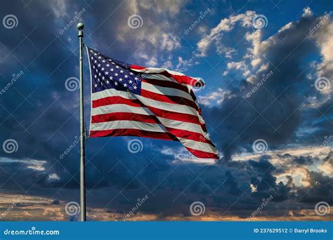 American Flag On Dramatic Sky Stock Photo Image Of Blue National