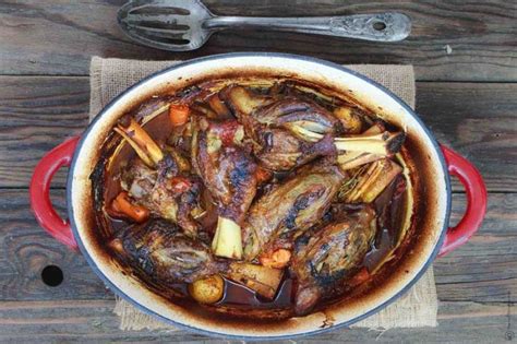 Boston chef rachel klein braises these lamb shanks until the meat falls off the bone, then serves them with a rich sauce of red wine and vegetables. Mediterranean Lamb with Vegetables| Jesmond Fruit Barn