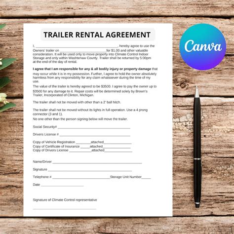 Editable Trailer Rental Agreement Instant Download Etsy