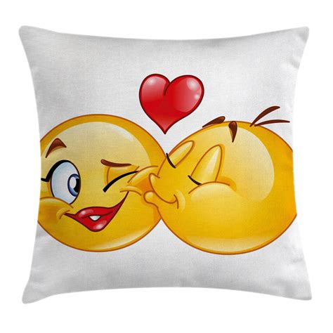 Emoji Throw Pillow Cushion Cover Romantic Flirty Loving Smiley Faces Couple Kissing Eachother