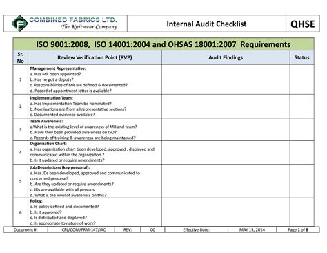 Internal Audit Checklist Iso 9001 14001 And Osha Requirements