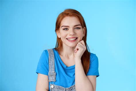 Close Up Satisfied Tender Grinning Cute Redhead Girl Look Cute Lovely Camera Touch Cheek