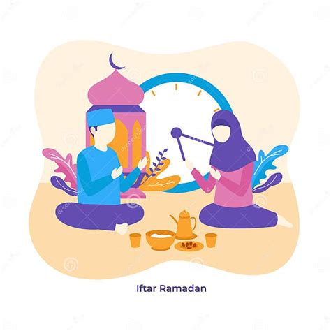 Muslim Man And Woman Praying To Allah Together During Iftar Eat Time