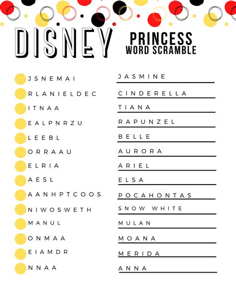 Disney Word Scramble Printable Worksheets
