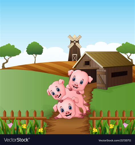 Cartoon Three Little Pigs Playing In Farm Back Vector Image