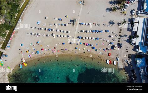 Aerial View Of The Beach Of Port Sant Miquel On The North Shore Of Ibiza Island In Spain
