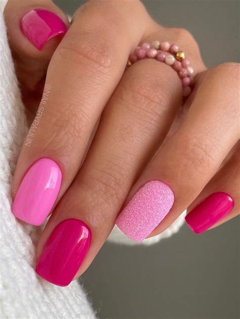 Two Tone Pink Short Nails With Glitter Pink Summer Nails Bright Pink