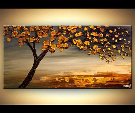 Original 48 X 24 Abstract Modern Blue Yellow Blooming Tree Painting