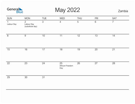 May 2022 Monthly Calendar With Zambia Holidays