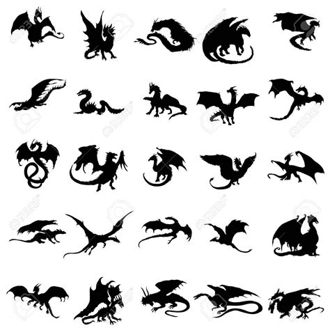 Silhouette Dragon Dragon Silhouettes Set Isolated On A White Background