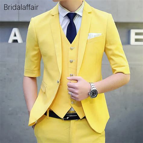 Wonderful Men Suit Short Sleeves Blazer Yellow Tuxedo Slim Fit Suits