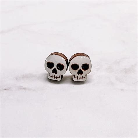 Skull Stud Earrings Hand Painted Skeleton Wood Earrings Halloween Wood
