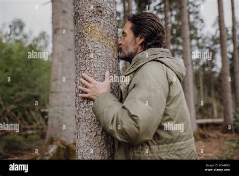 Mature Hiker Kissing Tree Trunk Stock Photo Alamy
