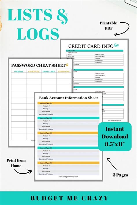 Lists And Log Printables Bank Account Information Sheet Credit Card
