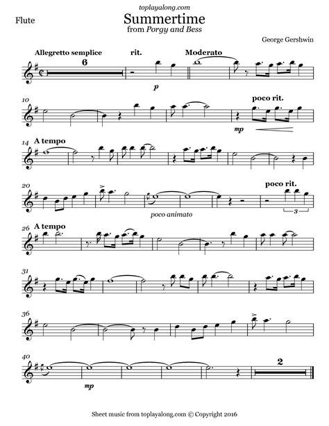 Gershwin Summertime From Porgy And Bess Sheet Music Flute Sheet