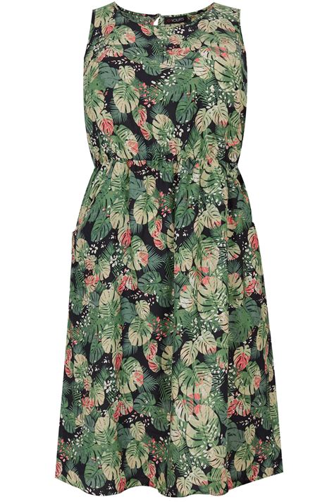 Green And Multi Leaf Print Pocket Dress With Elasticated Waist Plus Size 16 To 36