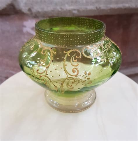 Antique Signed Karlsbad Moser Green Satin Vase Art Glass Gilt Enamel Bohemian Moser Glass