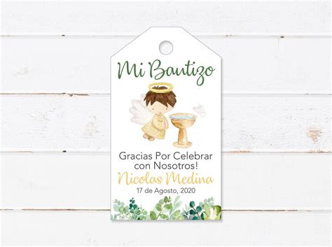 Baptism Thank You Tags Spanish Green Leaves Angel Printable Etsy