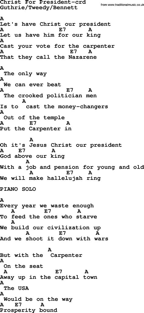 B christ is enough for me g#m f# e. Woody Guthrie song - Christ For President, lyrics and chords