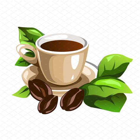 Cup Of Coffee With Beans And Leaves Pre Designed Illustrator Graphics