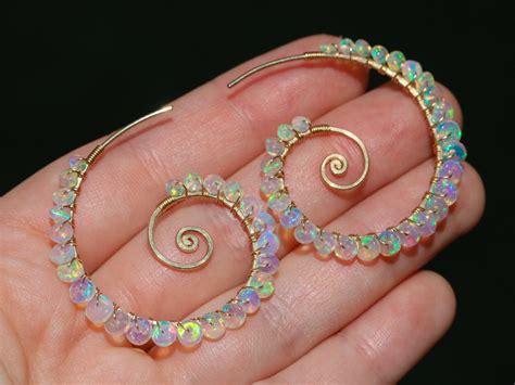 Ethiopian Opal Wire Wrapped Spiral Hoop Earrings Genuine Welo Opal
