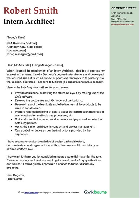 Intern Architect Cover Letter Examples Qwikresume