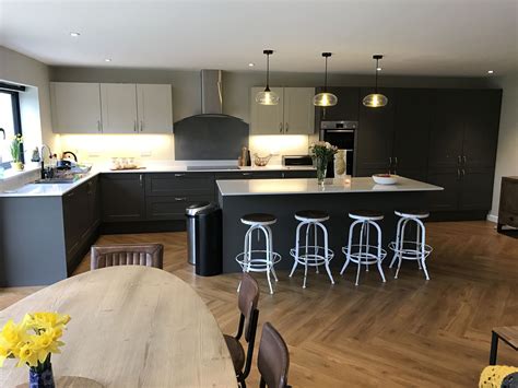 Two Tone Grey Kitchen With Island And Pendant Lighting And Herringbone