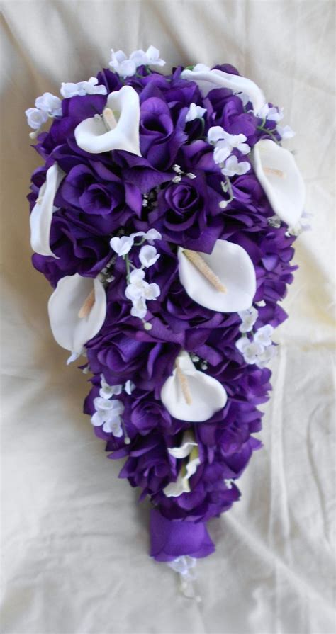 Cascade Bride Bouquet Royal Purple And White Roses Lilies Of The Valley