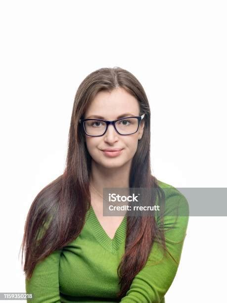 Young Woman Portrait Brunette Long Hired Pretty Model Wearing Green Blouse Looking At Camera