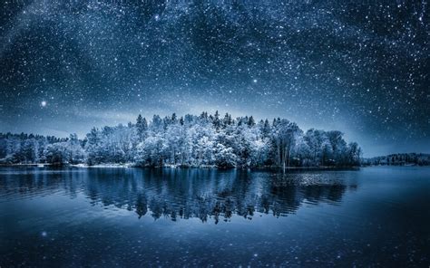 Fond Décran Forêt Nuit Galaxie Eau Réflexion Ciel Neige Hiver