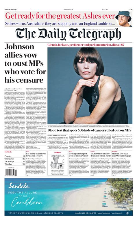 Daily Telegraph Front Page 16th Of June 2023 Tomorrow S Papers Today